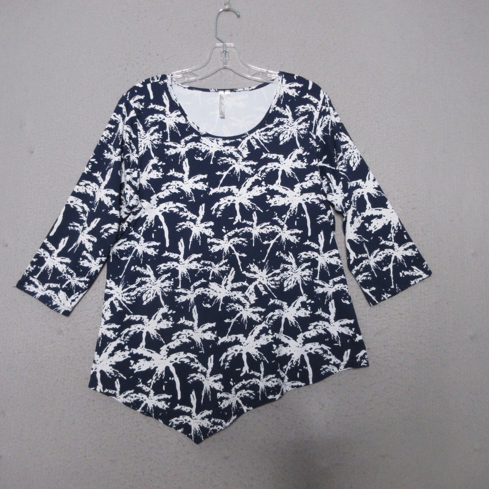 Lulu-B Top Large Blue White Palm Tree Print Asymmetric Hem Beachy Boho Coastal
